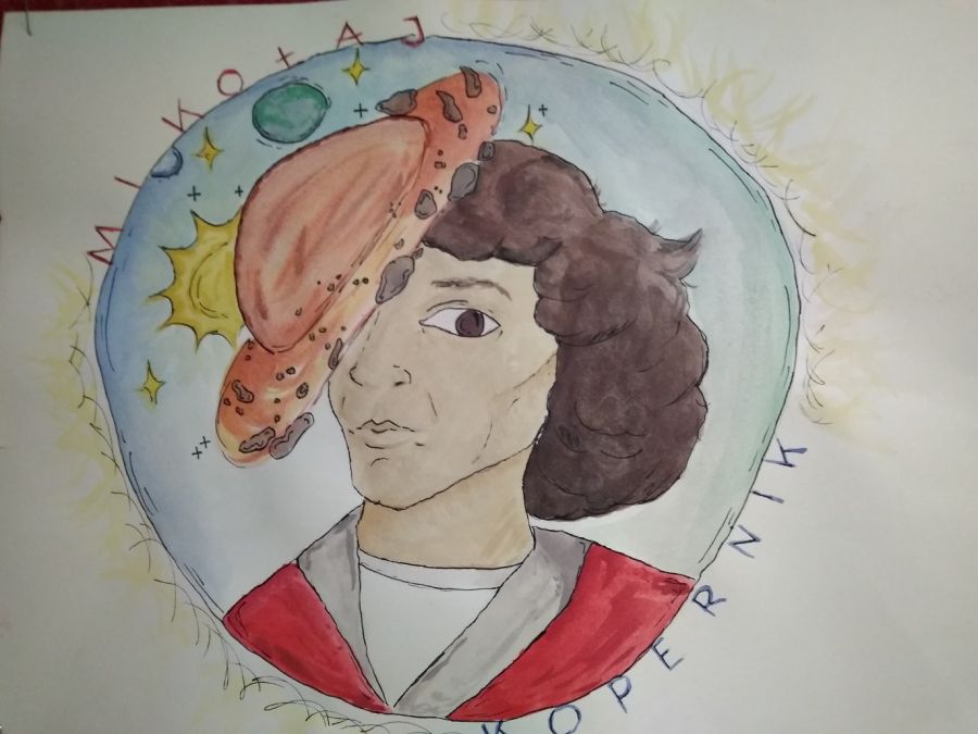 Praca plastyczna przedstawiająca Mikołaja Kopernika